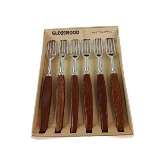 Glosswood Dessert Forks Vintage MCM 8" Set Of Six Stainless Steel & Wood - Picture 1 of 6